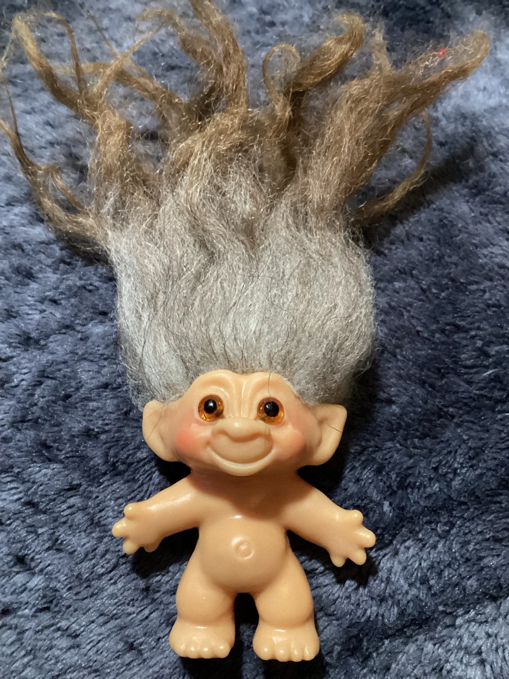 Vintage Thomas Dam Troll Doll 2.5” Brown Grey Mohair Amber Eyes TM DAM Denmark